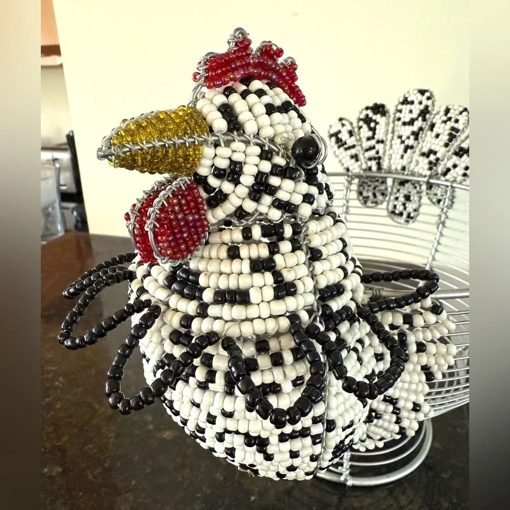 Wire Basket with Beaded Chicken Design Egg Holder